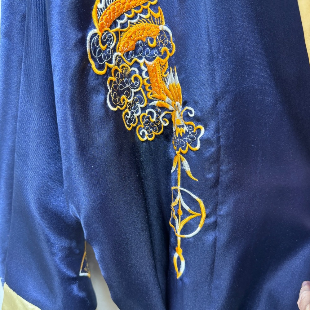 Navy Blue Gold Dragon Embroidered Satin Kimono Robe Asian Motif Reversible - Picture 4 of 15